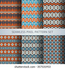 Collection of pixel colorful seamless patterns with stylized Greenland national ornament. Vector illustration.