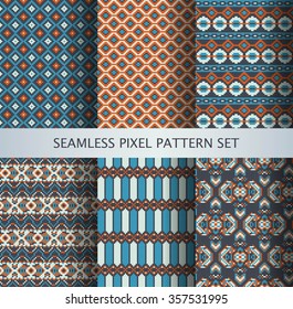 Collection of pixel colorful seamless patterns with stylized Greenland national ornament. Vector illustration.