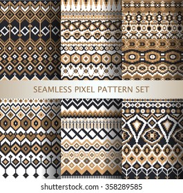 Collection of pixel colorful seamless patterns with stylized Greenland national ornament. Vector illustration.