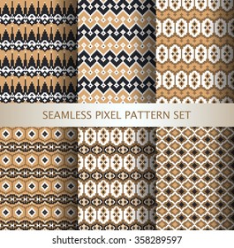 Collection of pixel colorful seamless patterns with stylized Greenland national ornament. Vector illustration.