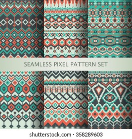 Collection of pixel colorful seamless patterns with stylized Greenland national ornament. Vector illustration.