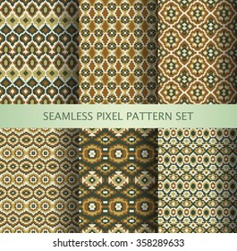 Collection of pixel colorful seamless patterns with stylized Greenland national ornament. Vector illustration.
