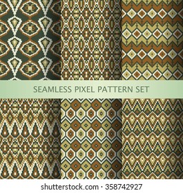 Collection of pixel colorful seamless patterns with stylized Greenland national ornament. Vector illustration.