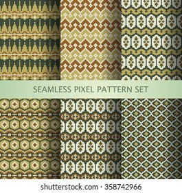 Collection of pixel colorful seamless patterns with stylized Greenland national ornament. Vector illustration.