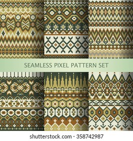 Sammlung von pixelfarbigen, nahtlosen Mustern mit stylisiertem Grönlandschmuck. Vektorillustration.