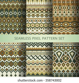 Collection of pixel colorful seamless patterns with stylized Greenland national ornament. Vector illustration.