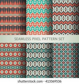 Collection of pixel colorful seamless patterns with stylized Greenland national ornament. Vector illustration.