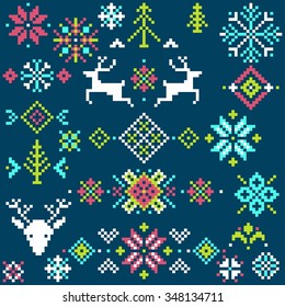 Collection of pixel elements for winter Nordic ornament. Vector illustration