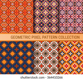 Collection of pixel geometric seamless patterns. Vector illustration
