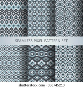 Collection of pixel gray seamless patterns with stylized Greenland national ornament. Vector illustration.