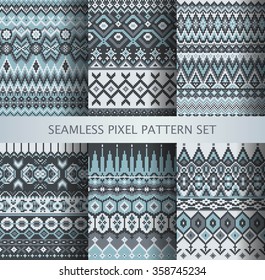 Collection of pixel gray seamless patterns with stylized Greenland national ornament. Vector illustration.