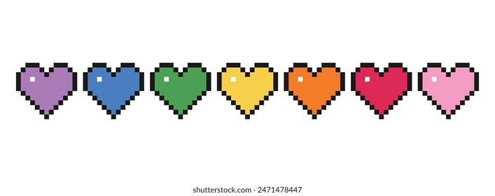Colección de corazones de píxeles aislados sobre fondo blanco. Conjunto de iconos de símbolo de amor. Ilustración vectorial colorida de la forma del corazón.
