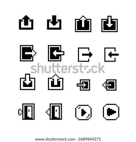 Collection of pixel icons with arrows, doors, upload and download signs. Clean monochrome 8-bit symbols for game design, UI menus, and retro-style projects.