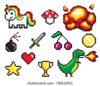 Collection of pixel objects used in games, heart and star, coin and sword, bomb and explosion, dinosaur and unicorn vector illustration