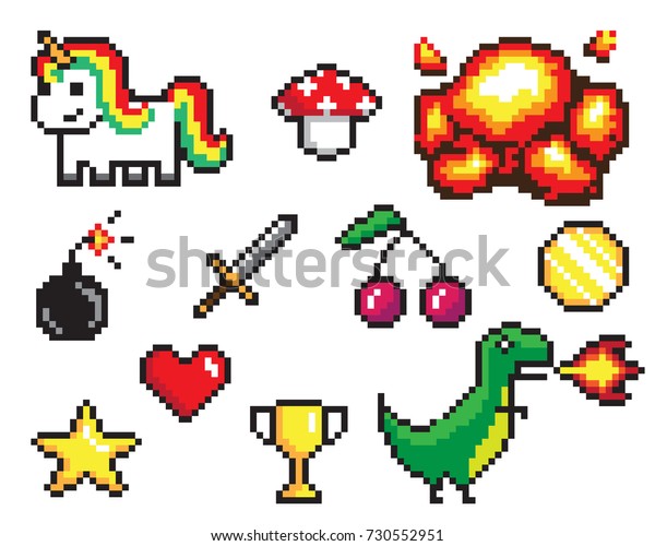 Collection of pixel objects used in games,\
heart and star, coin and sword, bomb and explosion, dinosaur and\
unicorn vector\
illustration