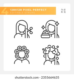 Kollektion von Pixel perfekte schwarze Symbole, die Haarpflege darstellen, anpassbare dünne Linie Illustration.