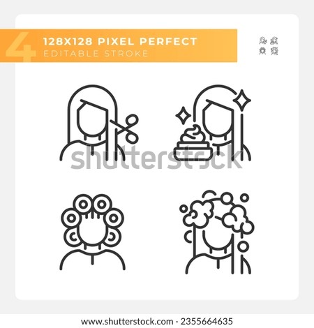 Collection of pixel perfect black icons set representing haircare, customizable thin line illustration.