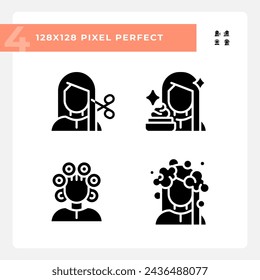 Collection of pixel perfect glyph style icons set representing haircare, simple black silhouette illustration.