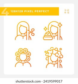 Collection of pixel perfect gradient icons set representing haircare, thin line orange illustration.