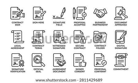 Collection of pixel perfect stroke icons representing various aspects of contracts and agreements. illustrations include symbols for business partnership, proposal accepted, document approved, and more. modern vector art for web and app design.