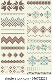 Collection of pixel retro brush templates with stylized winter Nordic ornament. Vector illustration.