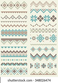 Collection of pixel retro brush templates with stylized winter Nordic ornament. Vector illustration.