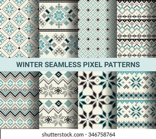 Collection of pixel retro seamless patterns with stylized winter Nordic ornament. Vector illustration.