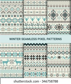 Collection of pixel retro seamless patterns with stylized winter Nordic ornament. Vector illustration.