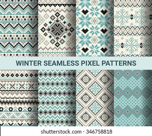 Collection of pixel retro seamless patterns with stylized winter Nordic ornament. Vector illustration.