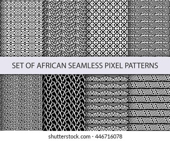Collection of pixel retro seamless patterns with african ethnic and tribal ornament. Vector black and white boho ornaments collection.