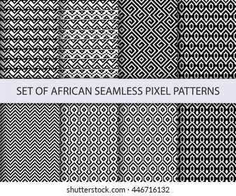 Collection of pixel retro seamless patterns with african ethnic and tribal ornament. Vector black and white boho ornaments collection.