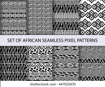 Collection of pixel retro seamless patterns with african ethnic and tribal ornament. Vector black and white boho ornaments collection.