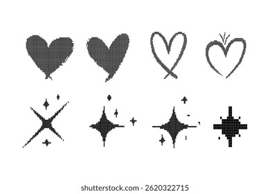 Collection of pixel star sparkle icon. Set of pixel Y2K bling retro elements and abstract brutalism shapes. Modern vector illustration