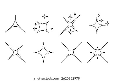 Collection of pixel star sparkle icon. Set of pixel Y2K bling retro elements and abstract brutalism shapes. Modern vector illustration