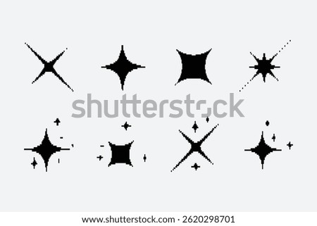 Collection of pixel star sparkle icon. Set of pixel Y2K bling retro elements and abstract brutalism shapes. Modern vector illustration