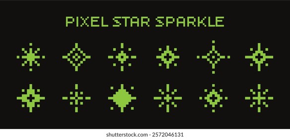 Collection of pixel star sparkle icons in a bright green color on a black background. 8 bit shiny game pixel art effect. Y2K stars in retro style. Vector illustration 