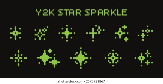 Collection of pixel star sparkle icons in a bright green color on a black background. 8 bit shiny game pixel art effect. Y2K stars in retro style. Vector illustration 