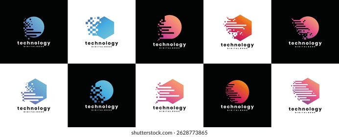 Collection of pixel technology logo designs, squares and circles. Technology connection logo template circle and square. 
