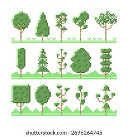 Coleção de árvores de pixel com grama no jogo clássico no fundo branco.