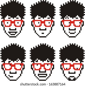 Collection of pixelated faces of a funny guy making six different expressions. Easy to customize colors.