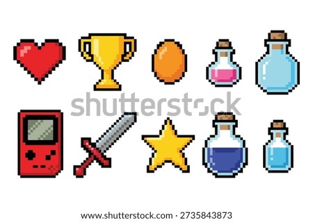 Collection of pixelated icons commonly found in video games. Includes hearts, trophy, egg, potions, and Game Boy.