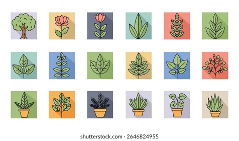Collection of Pixelated Plant Icons Featuring Various Leaf Shapes and Potted Plants Perfect for Nature Themed Designs and Illustrations