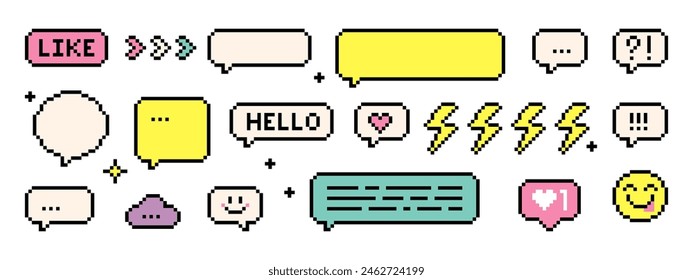 Collection of pixelated speech bubbles and elements. Pixel dialogue box set. 8-bit retro style vector illustration. White background