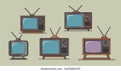 Uma coleção de televisores Pixelated Vintage com antenas representando tecnologia retro