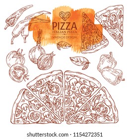 Collection of pizza with chili pepper, tomato, pepper, onion. Vector hand drawn illustration.