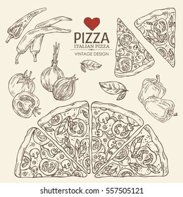 Collection of pizza with chili pepper, tomato, pepper, onion. hand drawn