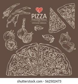 Collection of pizza with chili pepper, tomato, pepper, onion. hand drawn