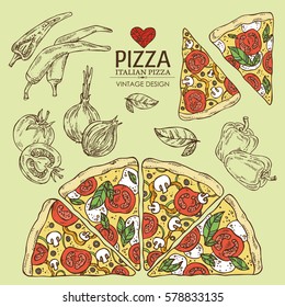 Collection of pizza with chili pepper, tomato, pepper, onion. hand drawn.