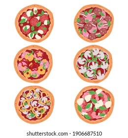 Collection of pizza with different ingredients. Fast food concept. Vector illustration in cartoon style.