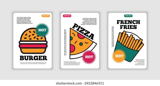 Collection Pizza, french fries, Burger. Price tag or poster design. Set of vector, illustrations and Typography. Engraving style. Labels, cover, t-shirt print, painting.